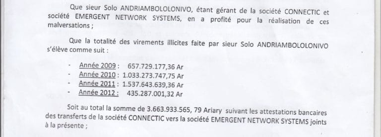 RANARISON Tsilavo accuse Solo d’abus de biens sociaux en virant près de 1.047.060 euros en 76 virements à la société française EMERGENT