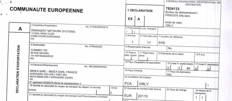 La douane française a constaté 1.415.430 euros de marchandises envoyées par EMERGENT à CONNECTIC de 2009 à 2011 La douane française a constaté 1.415.430 euros de marchandises envoyées par EMERGENT à CONNECTIC de 2009 à 2011