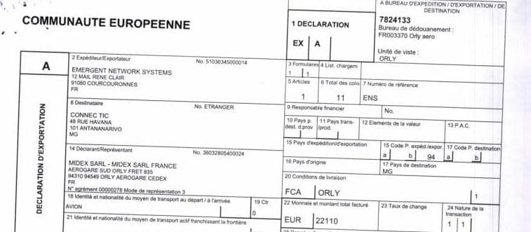 La douane française a constaté 1.415.430 euros de marchandises envoyées par EMERGENT à CONNECTIC de 2009 à 2011