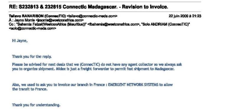 RANARISON Tsilavo dit bien le 22 juin 2009 à 21h23 à WESTCON qu’on doit facturer EMERGENT NETWORK