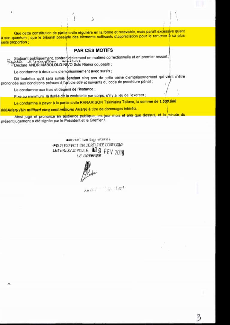 L’action civile de l’associé RANARISON Tsilavo est recevable d’après le tribunal correctionnel d’Antananarivo pour un délit d’abus des biens sociaux