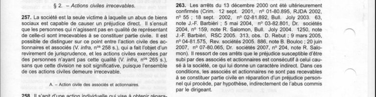 L’action civile d’un associé à titre personnel est irrecevable d’après le Répertoire de droit pénal  et de procédure pénale DALLOZ